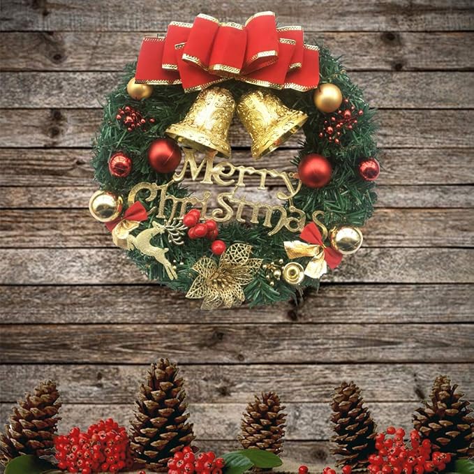 Merry Christmas Wreath with Red Bow & Double Bell