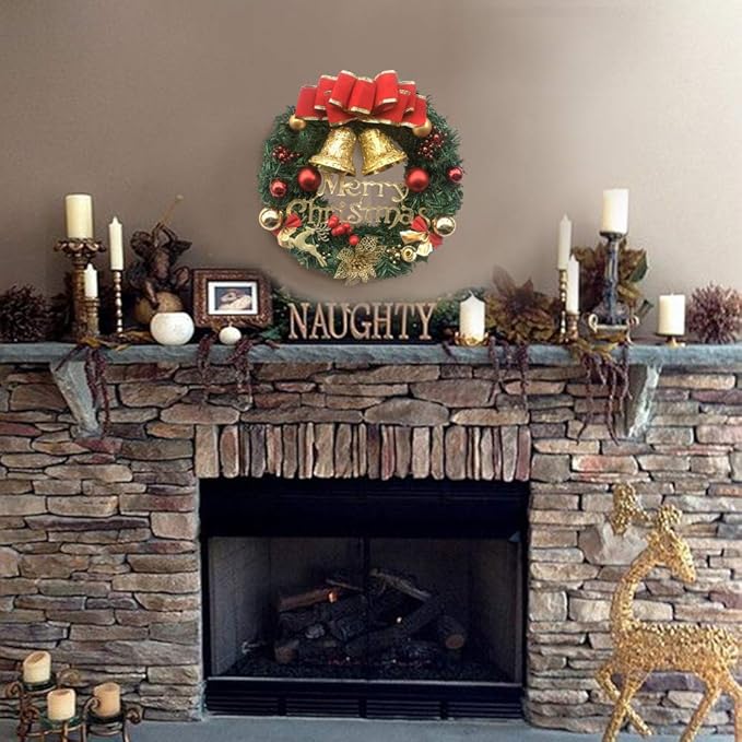 Merry Christmas Wreath with Red Bow & Double Bell
