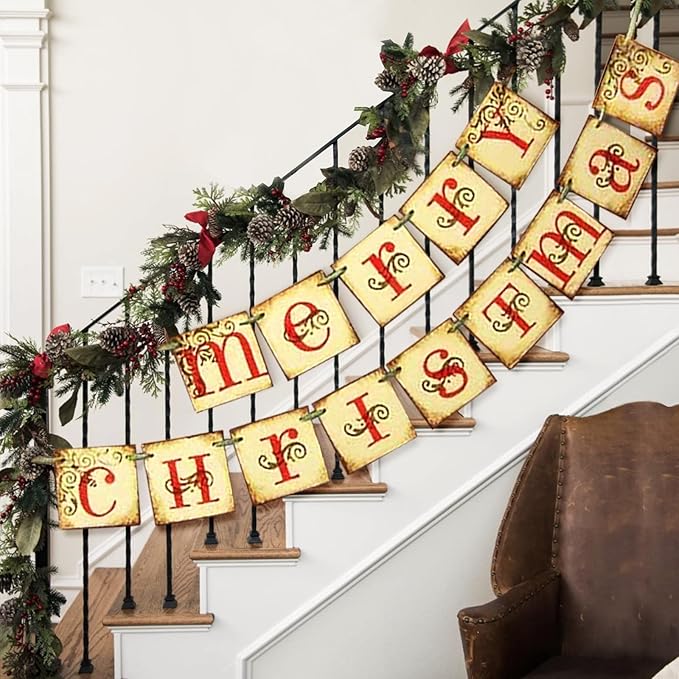 Vintage Merry Christmas Banner with Christmas Decorations