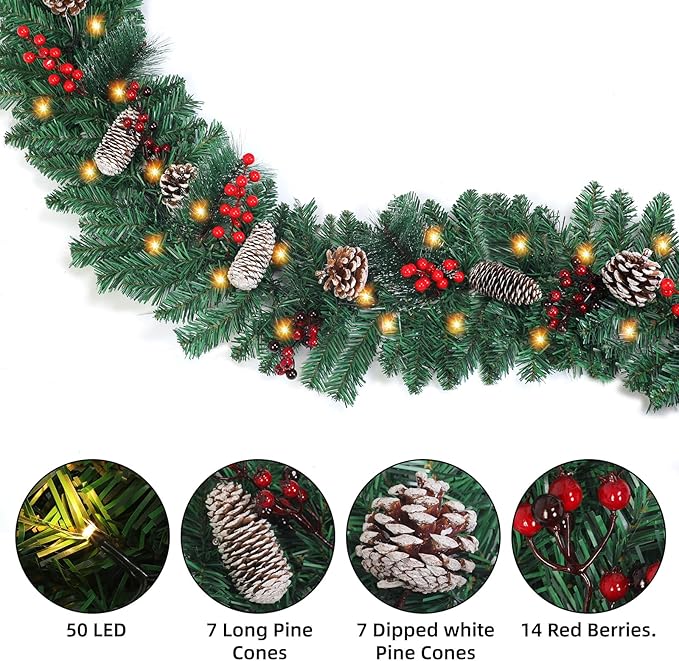 Christmas Pinecone Red Berry Lighted Artificial Garland
