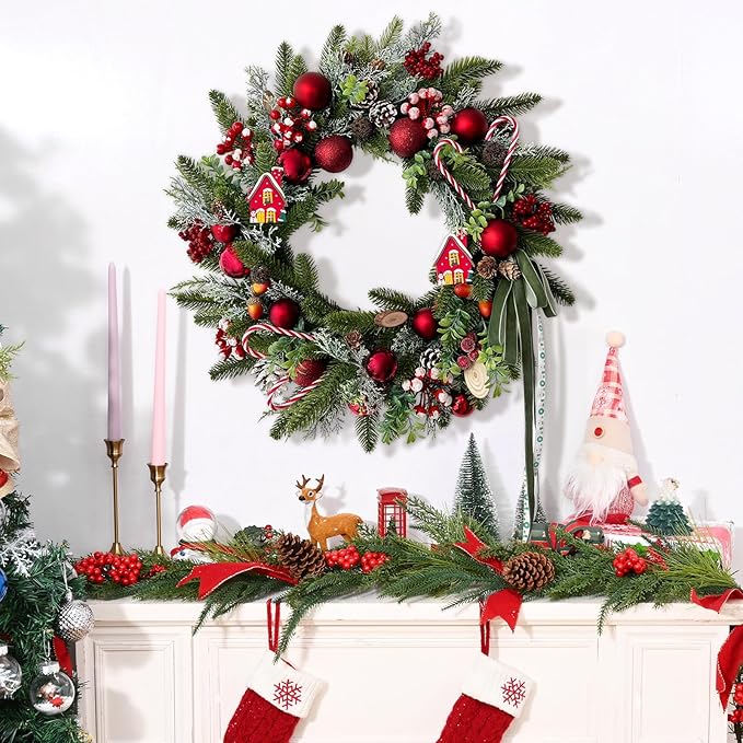 Handcrafted Christmas Light Wreath with Candy Canes & Ornaments