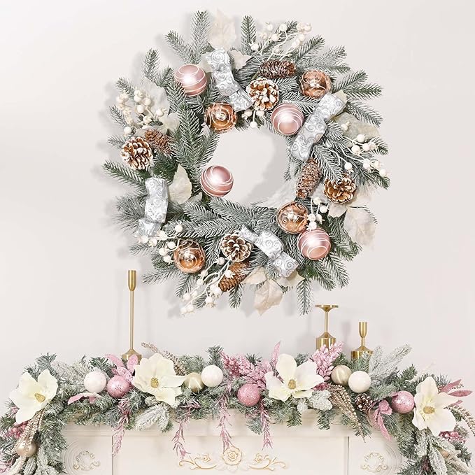 Christmas Light Wreath with Pink Glitter Ornaments